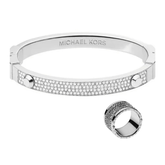 Michael Kors Silver Tone Pave Crystal Ring and Aster Stud Bracelet Set - Picture 1 of 7